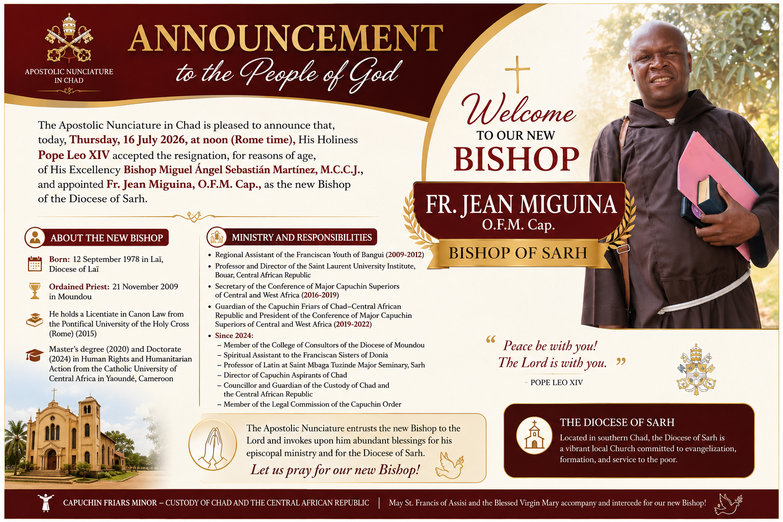 Tchad: Pope Leo XIV, appoints Fr. Jean Miguina, as the new Bishop of Sarh